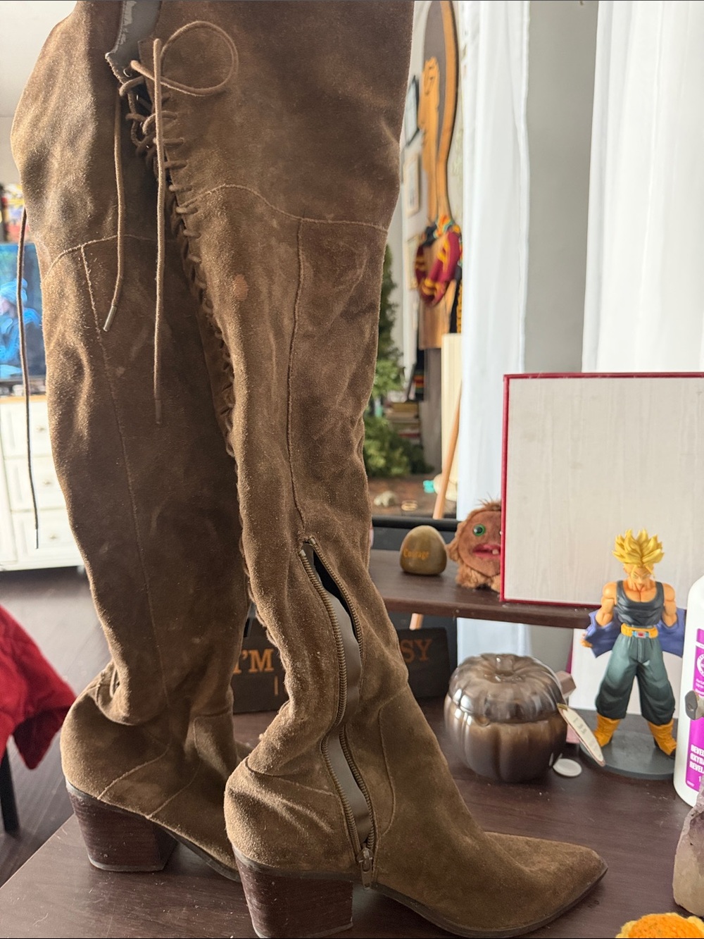 Women’s Green/ Brown Suede Over the Knee Boots with Side Zip